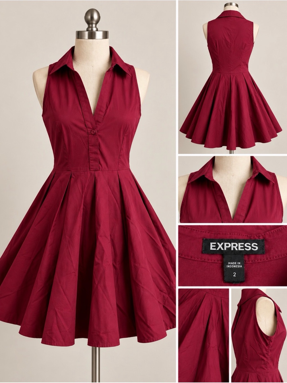 Express Collared Sleeveless Fit & Flare Dress in Berry Red